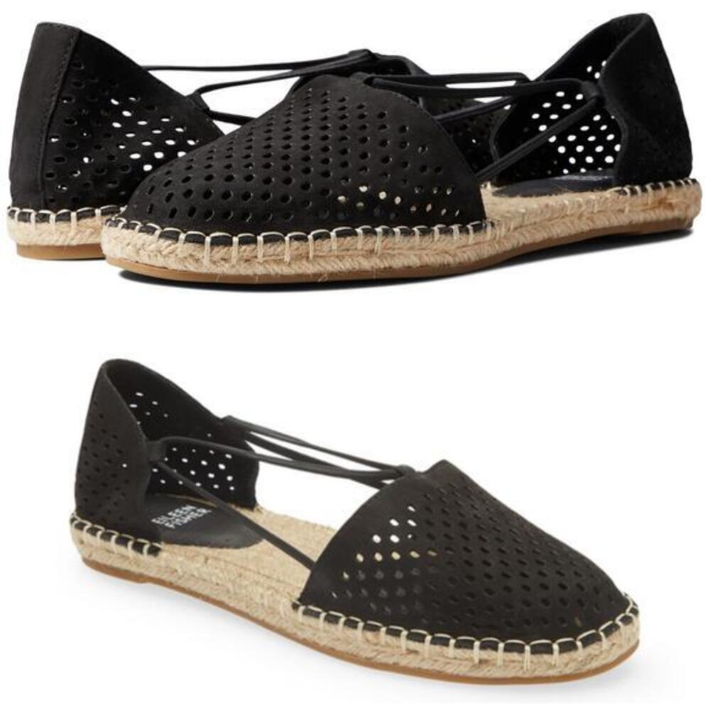 Eileen Fisher Lee 2 Espadrille Flats Black Tumbled Nubuck Perforated Size 8